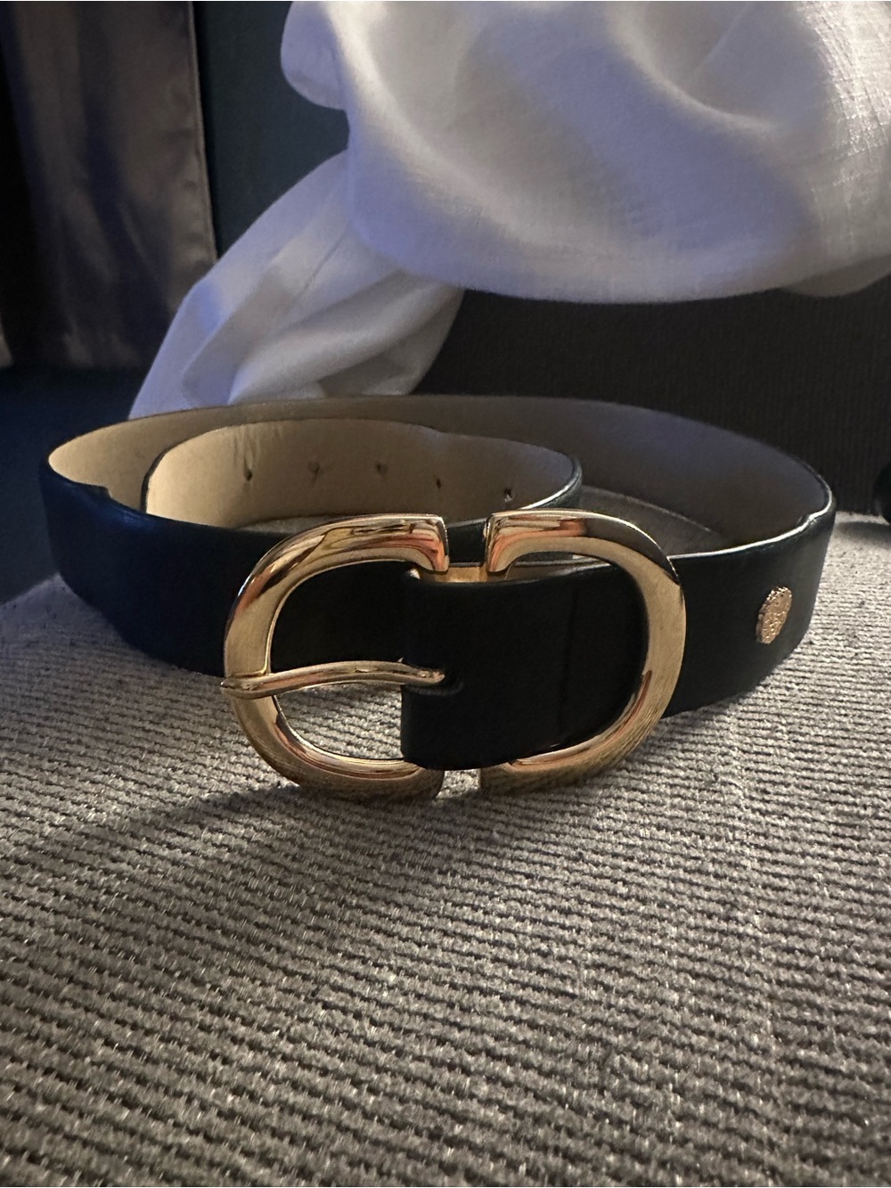 Vince Camuto Black Leather Belt with Gold Rounded Double Buckle
